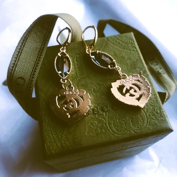 GUCCI Gorgeous Double GG Logo Heart Love Design Blue Turquoise Earrings w Box - Picture 3 of 4